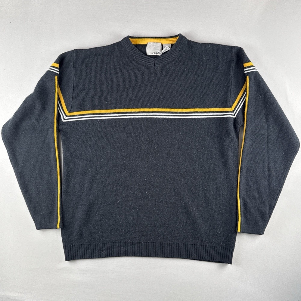Vintage Point Zero Y2K Knit Sweater Black Yellow Striped Crewneck XL